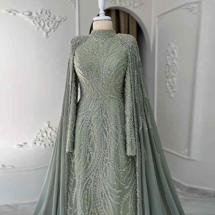 Beaded Sage Green Muslim Evening Dresses with Cape Long Sleeves Arabic Women Wedding Party Gown
