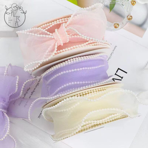 โบว์ผูกผมแบบถักลายดอกไม้สีรุ้ง DIY ริบบิ้นลายคลื่นตกแต่งวันเกิด ขนาด 4 ซม. ริบบิ้นโพลีเอสเตอร์ตาข่ายมุกประดับดอกไม้ - Product Image 5