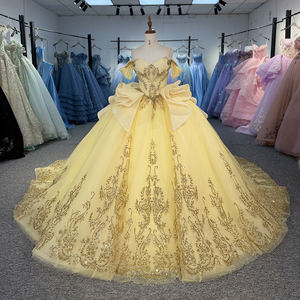 Vestido de Fiesta Largo con Apliques de Encaje y Lazo Amarillo, Escote Corazón, Estilo Princesa, para Quinceañera, Sweet 16, Modelo Dy1331 - Product Image 5