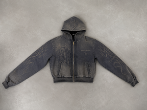 Sudadera con capucha para hombre, personalizada, vintage, lavada, con cremallera, negra, con estampado gráfico gótico, de algodón de alto gramaje, corte cropped y holgado, con diseño de logotipo, calidad ODM - Product Image 1