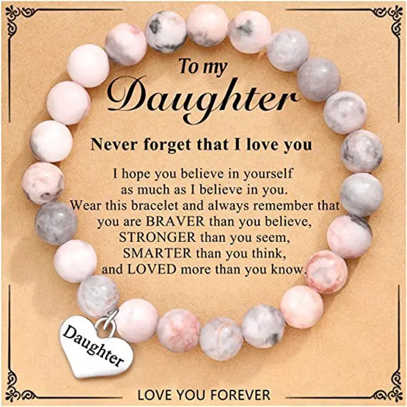 Dainty Natural Stone Bracelet Mothers Day Gift For Mom Pink Zebra Stone Heart Pendant Card Bracelet Friendship Jewelry