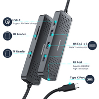 RSHTECH pembaca kartu SD/TF, Hub USB 3.0 4K 60Hz 100W PD pengisian daya USB 7 in 1 untuk PC dan Macbook