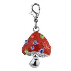 Llavero con colgante de hongo de cristal, esmalte rojo con pedrería de colores, cierre plateado para bolsos y llaves - Product Image 1
