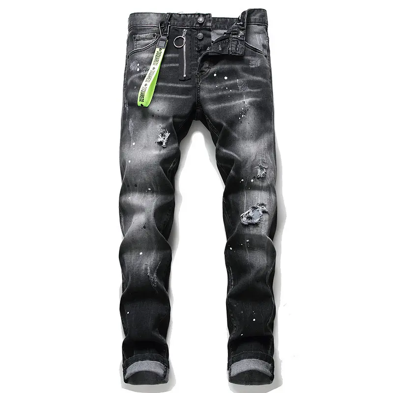 Black and grey paint with holes, wild zipper decoration, personalized new jeans for