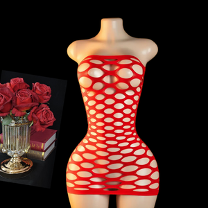 Hollow Out ukuran bebas Fishnet seksi Babydoll Bodysuit renda bodystocking jala tabung gaun Mini - Product Image 3