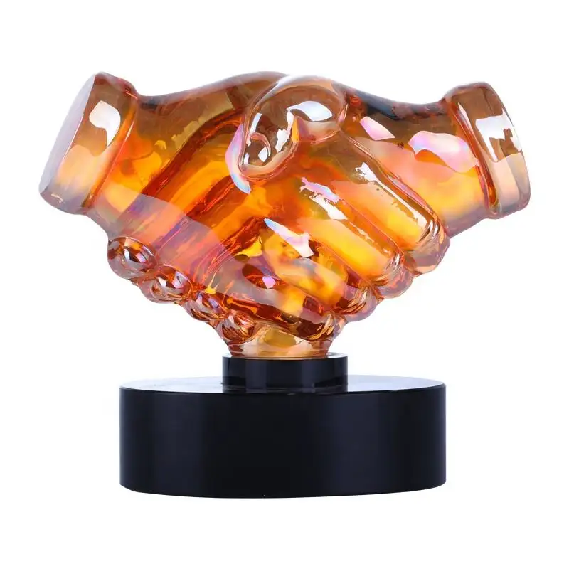 Custom Clear K9 Crystal Shake Hand Trofee Oranje Kleur Crystal Award Trofeeën Voor Relatiegeschenk