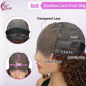 Vente d'usine FH : Perruques Pissy Curly 5x5 sans colle, frontale en dentelle, cheveux vietnamiens bruts, cheveux brésiliens 99J, afro, transparentes, prêtes à porter - Product Image 4