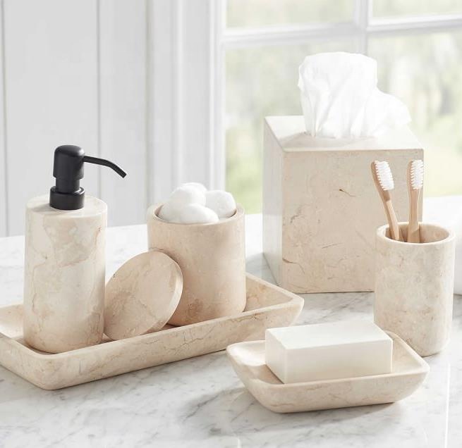 5 pcs cream colored Marble Bath Accessories Toothbrush Holder Soap Dish Pump Canister and tray