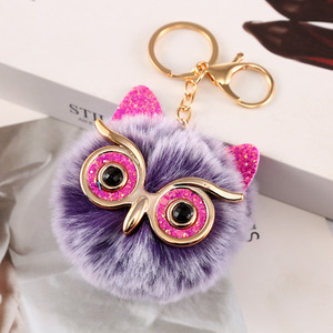 Wholesale High Quality Owl Animal Shape Puff Ball Plush Keychain <b>Car</b> Pendant Bag Cartoon Leopard Fur Pom Pom Ball Keychain - Product Image 4