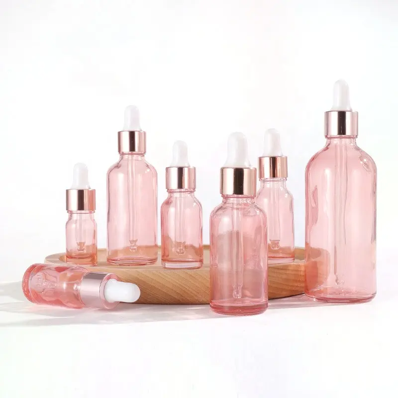 Wholesale Essence Refillable Bottles With Glass Tube Makeup Setting Serum Bottle Rose Red Dropper Bottle for Essential Oil