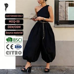 OEM Women's <b>Jumpsuits</b> & Playsuits <b>Black</b> <b>One</b> Shoulder Wide Pants Women's Summer <b>Jumpsuit</b> - Product Image 1