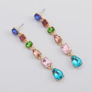 Gema Drop Earrings Branded Colorful Crystal Rhinestone CZ Gemstone Long Dangle Earrings For Women