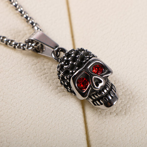 Collier tête de mort en acier inoxydable, pendentif en pierre rouge, bijoux de fête SP1046 - Product Image 3