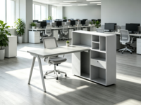 Scrivania Ergonomica Modulare Moderna a Posto Singolo con Finitura in MDF Ecologico Verniciato a Polvere, Cassetto e Vano Portaoggetti Aperto - Uso Commerciale