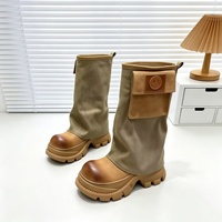 Bottes hautes pour femmes, tige en microfibre, talon épais, semelle plateforme, décoration de poche, semelle extérieure en caoutchouc, style européen