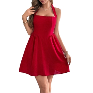 มินิเดรสเอวสูงมีสายคล้องคอแขนกุดแฟชั่นหรูหราสีทึบ - Product Image 3