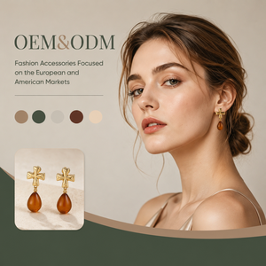 Ear enlace oem odm Gold Plated Brass Cross Teardrop Amber Dangle Earrings Custom Wholesale Vintage Jewelry For Women - Product Image 1