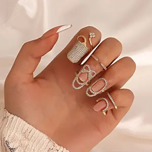 SC Wholesale Adjustable Gold Plated Fingernail Rings Women Nail Armor Ring Fashion Shiny Full Diamond Manicure Nail Ring Jewelry