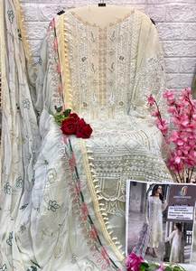 ชุดเดรสทรงตรงแบบคุर्ติ ผ้าจอร์เจตต์ ดีไซน์เนอร์ พร้อมงานปัก  พร้อมกางเกงปาลาซโซ และผ้าคลุมไหล่  ชุดสلوارอินเดีย  โดยรอยัล เอ็กซ์ปอร์ต - Product Image 2