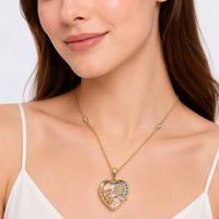 Collar de Moda con Colgante Circular de Cristal con Baño de Oro y Dijes de Corazón y Luna con Pavé de Diamantes, Joyería de Moda para Mujer, Regalo