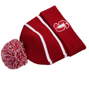 Cuffed Winter Knit Toque Cap Custom Red White Striped Pom Beanie Hat with Embroidery Logo