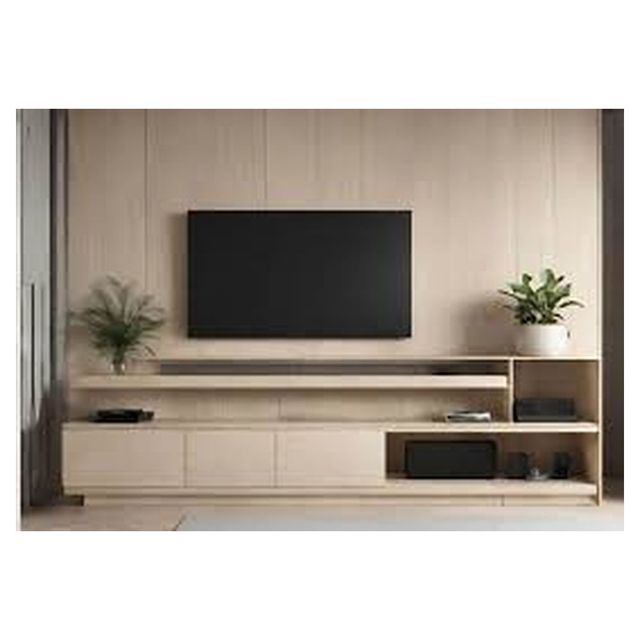 Wooden TV Cabinet With LED Light Open Shelves Living Room Customized TV Cabinet Unit Wall