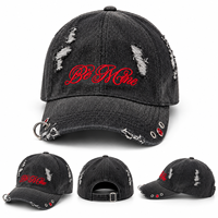 Casquette de baseball en sergé déchirée et vieillie, personnalisée en usine, avec broderie 3D 'Be Mine', œillet métallique, anneau en O et ornement en strass, réglable