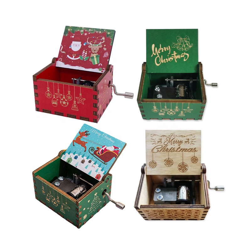 Custom Mini Hand Crank Houten Vintage Antieke Muziekdoos Kerstcadeau Creatief Gesneden Laser Gegraveerd Houten Kerst Muziekdoos