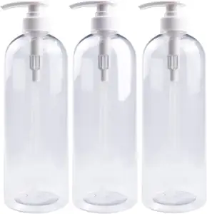 32盎司/1升空可再装双酚a透明椭圆形聚酯洗发水瓶，带黑色泵
