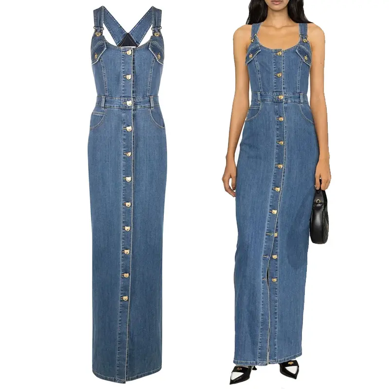 ShanLai Custom Lady Overall Denim Dress/OEM Halter Sleeveless Maxi Jean Dress For Women