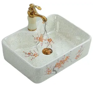 KD-02FBB artistik kamar mandi Hotel di atas meja cetakan terpasang untuk baskom cuci wastafel keramik lubang tunggal dengan pola pohon oranye