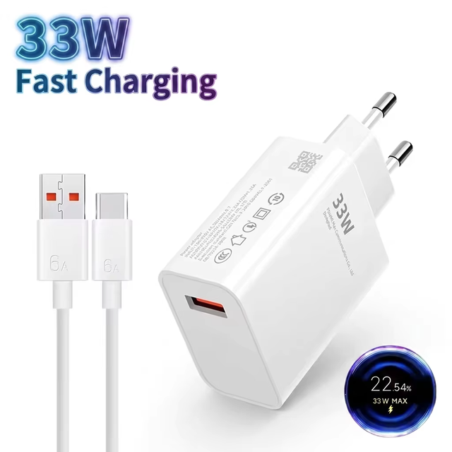 Phone Charger Fast 33W EU Plug Charger Set 6A USB-A to Type-C Cable Wall Adapter for Type-C Phones
