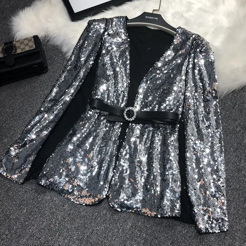 Silver Sequin Blazers Jacket Gold Bling Silver Black Women Long Sleeve Elegant Suit Coat Night Club Glitter Shiny Punk Outwear