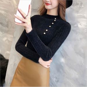 Suéteres Delgados con Botones de Terciopelo Sintético K102 para Mujer, Suéter Cálido de Punto, Jersey Femenino de Cuello Alto para Primavera, Color Sólido - Product Image 5