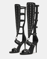 Bottes gladiateur sexy noires en cuir PU pour femme, à talon aiguille clouté, sandales romaines ajourées pour soirée