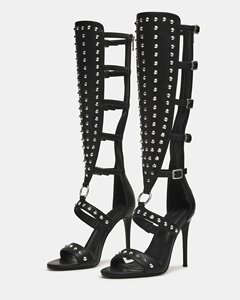 Botas Gladiador Negras de Cuero Sintético PU hasta la Rodilla para Mujer, con Tachuelas, Tacón de Aguja y Diseño Hueco, <span class=keywords><strong>Sandalias</strong></span> <span class=keywords><strong>Romanas</strong></span> para Fiesta - Product Image 2