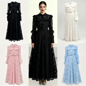 <span class=keywords><strong>Robe</strong></span> longue noire en dentelle, col montant, manches longues à volants, ceinturée, élégante, pour soirée formelle ou invitées, vente en gros, commande en gros - Product Image 3