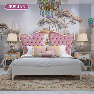 Cama Doble de Madera Maciza Estilo Francés JEELIAN, Romántica con Incrustaciones de Chapa, Moderna Cama Rosa Estilo Princesa con Marco de Estilo Suave - Product Image 1