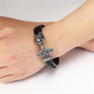 Pulsera con Cabeza de Lobo y Martillo de Thor para Hombre, Estilo Vintage, Aleación Plateada Antigua, Cadena de Eslabones, Joyería, Regalo - Product Image 1