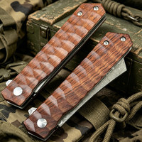 Couteau pliant ambidextre en bois de rose Damas pour le bushcraft, l'extérieur, la découverte, le camping, l'autodéfense et la survie en milieu sauvage, lame de 8,5 cm