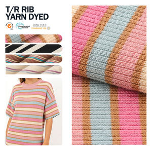 Tejido de punto de poliéster, rayón y elastano teñido en hilo con ribete de canalé para ropa, venta al por mayor - Product Image 1