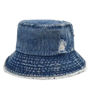 Benutzer definiertes Logo Ausgefranste Krempe gewaschen Abgenutztes Design Coole Sommers onne Angel kappe Vintage Denim Eimer Hut; Sonnenhut benutzer definierte