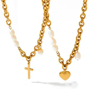 ODM Charm Waterproof Natural Freshwater Pearl Thick Chain Stainless Steel Heart Cross Pendant Personalized Necklace Jewelry