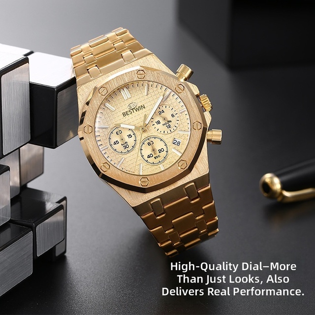 Luxury Gold Men's Chronograph Watch Octagonal Bezel Stainless Steel Waterproof Quartz Wristwatch Business Fashion Relogio