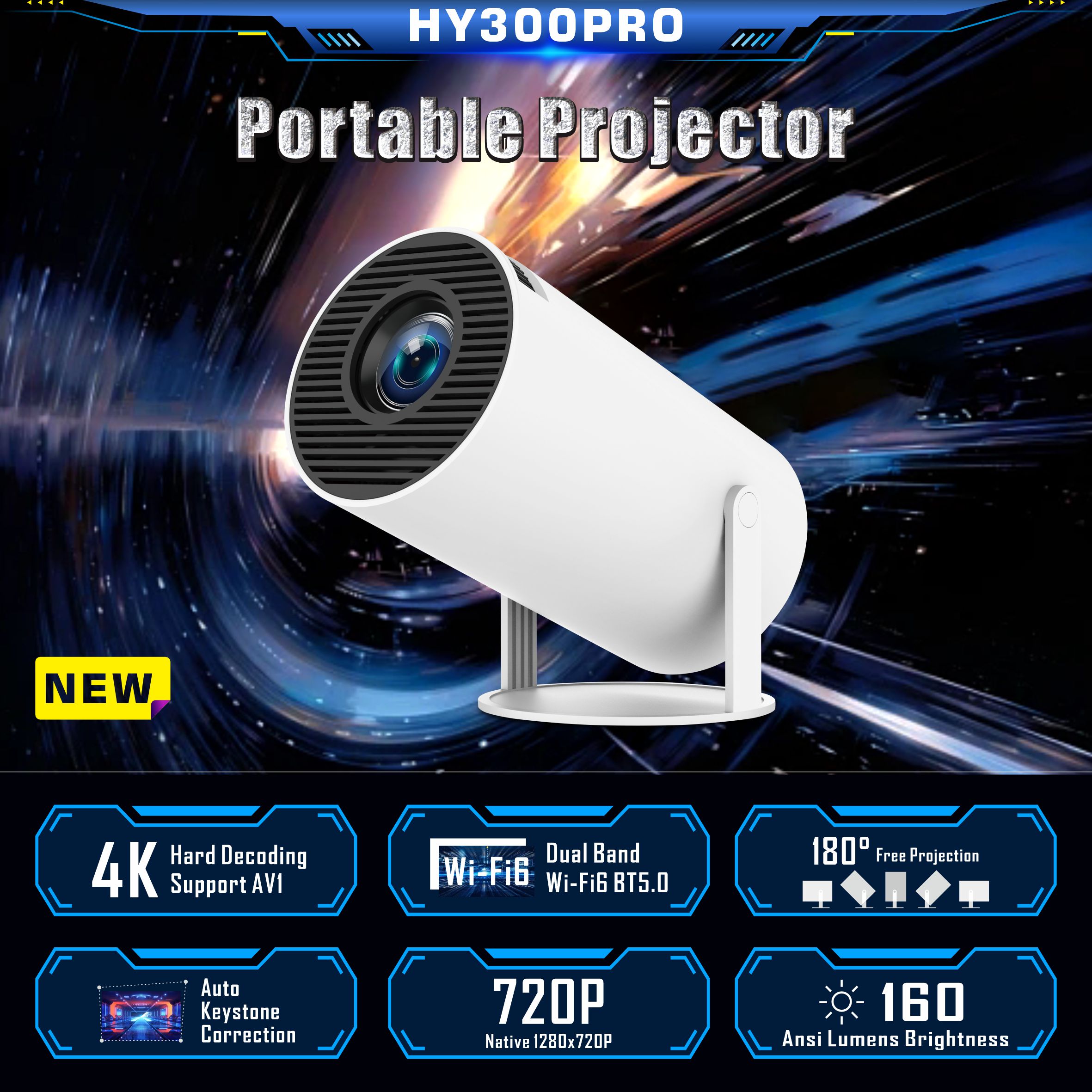 HY300 Pro Smart Projector - 4K Android 12 Dual Wifi6