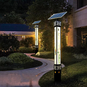 Lampadaire de jardin extérieur en fer avec abat-jour en verre LED, lumière blanc chaud doux 2700K, IP66, A19, non-démontable, AC 220V, alimenté par énergie solaire, détecteur de mouvement - Product Image 4