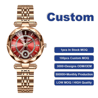Montre pour femme de luxe avec logo personnalisé, or rose, diamants, étanche 30M, aiguilles lumineuses, acier inoxydable, quartz