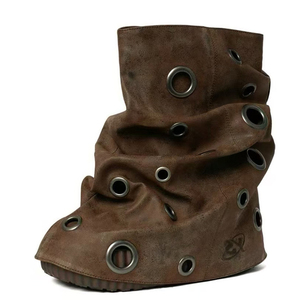 Botines de mujer con suela gruesa y orificios metálicos, botines cortos con superposición, punta redonda, tacón de cuña de suela plana, zapatos de gamuza. - Product Image 1