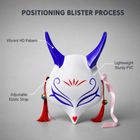 Masque de cosplay Kitsune Fox Anime personnalisé OEM, peint à la main, avec pompons et clochettes, en plastique respirant, pour Halloween et soirées masquées