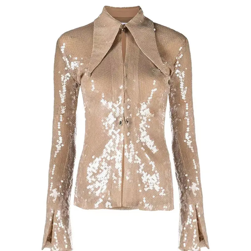 Fashionable With Side-Slit Bell Sleeve Transparent Sequins Glitter Gauzy Shirt Top